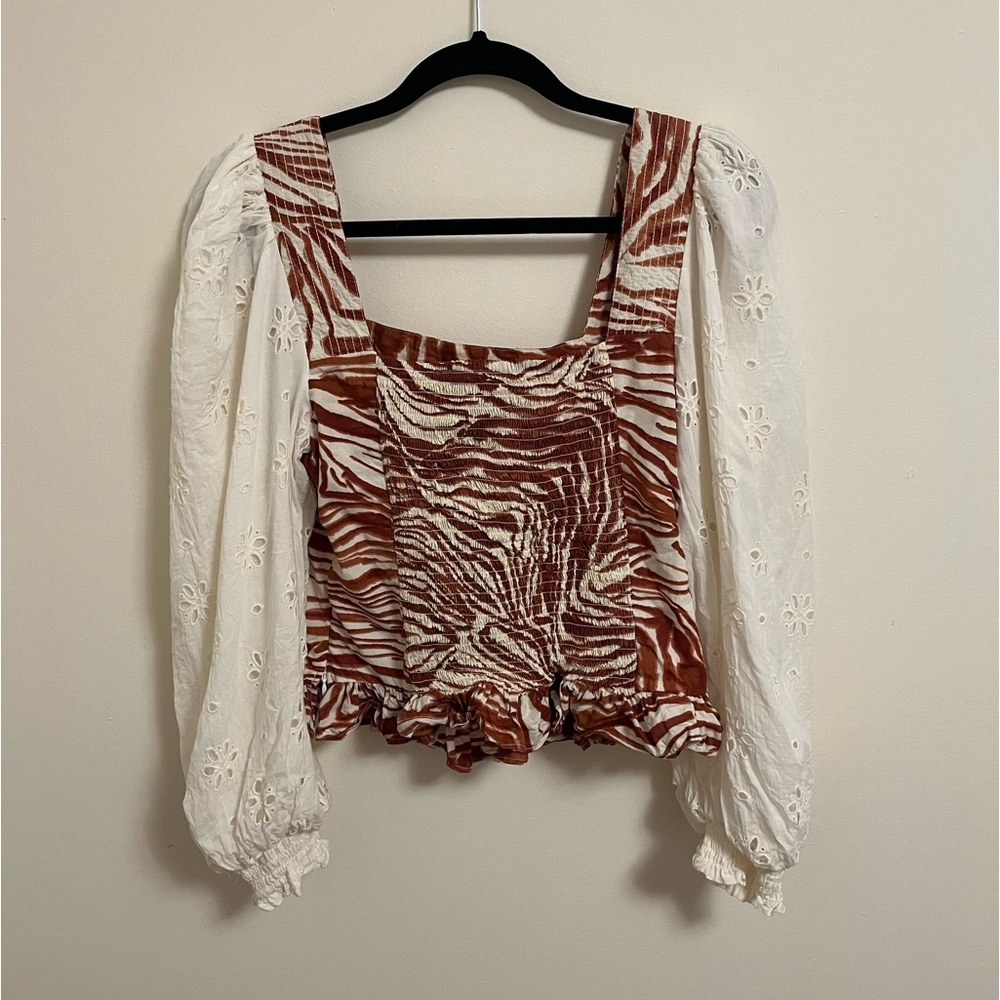 Anthro. Love the Label Smocked Zebra Blouse with Eyelet Puff Sleeves, M - Picture 7 of 15